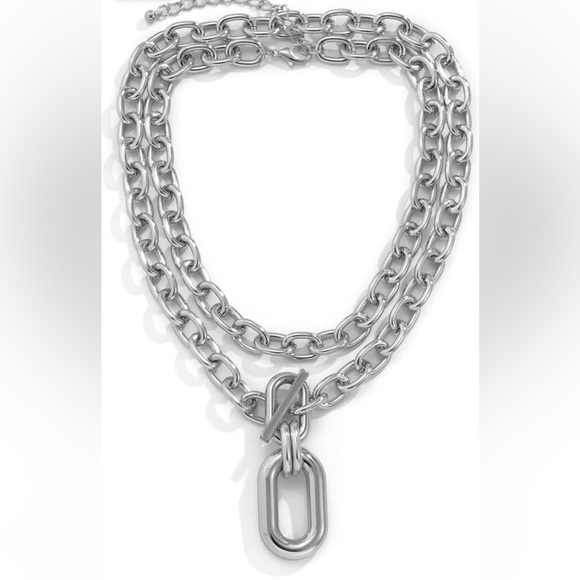 2pcs Silver Layered Chunky Chain Choker Necklace with Toggle Clasp Necklace - Picture 4 of 6